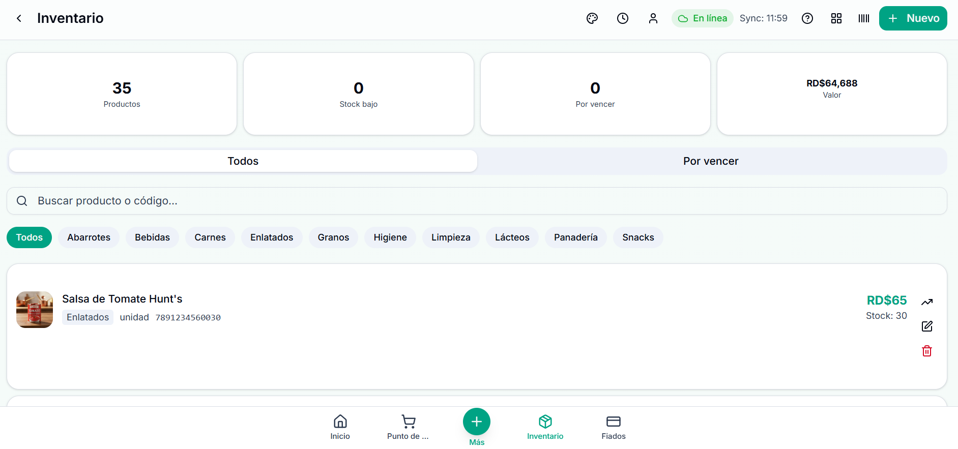 Sistema de inventario con productos, categorías y alertas de stock
