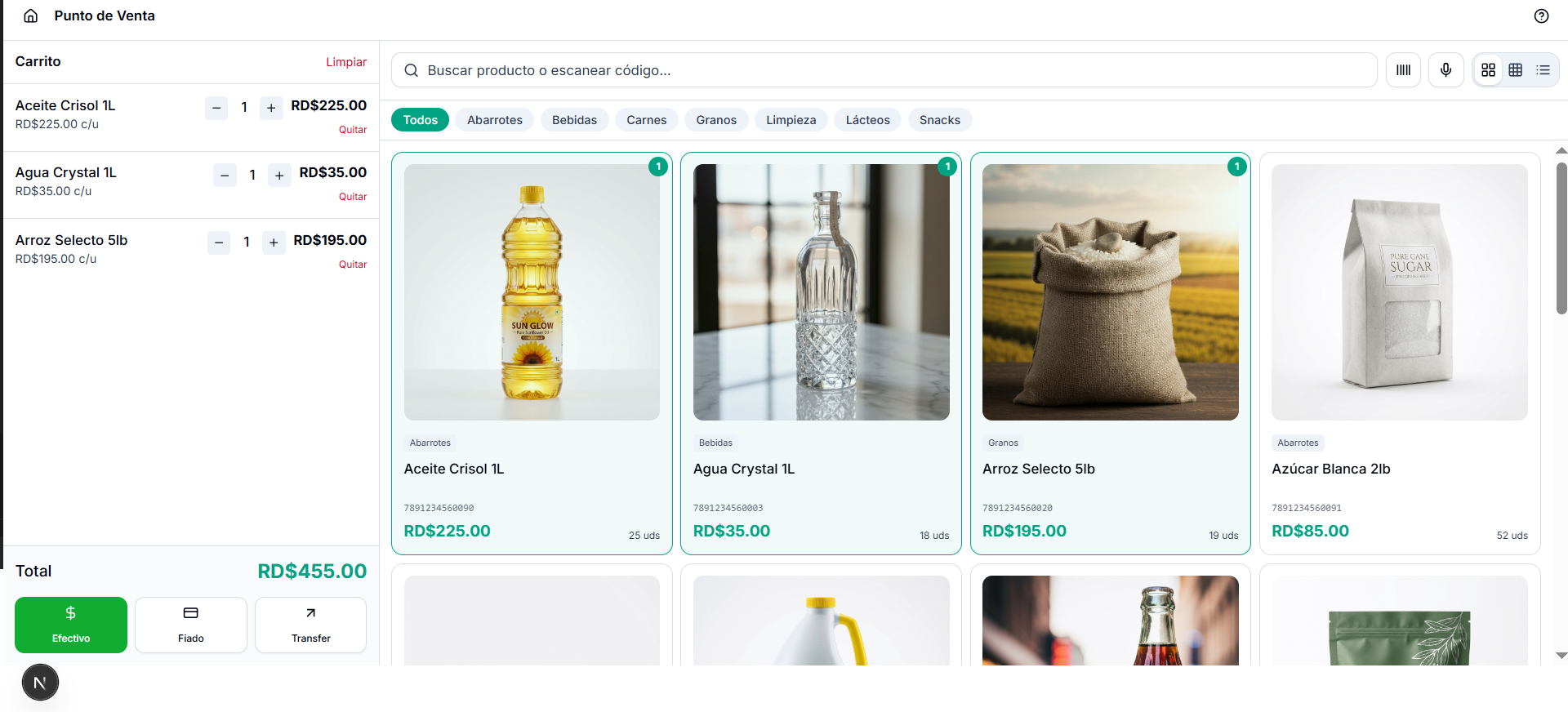 Interfaz de punto de venta con carrito de compras y productos