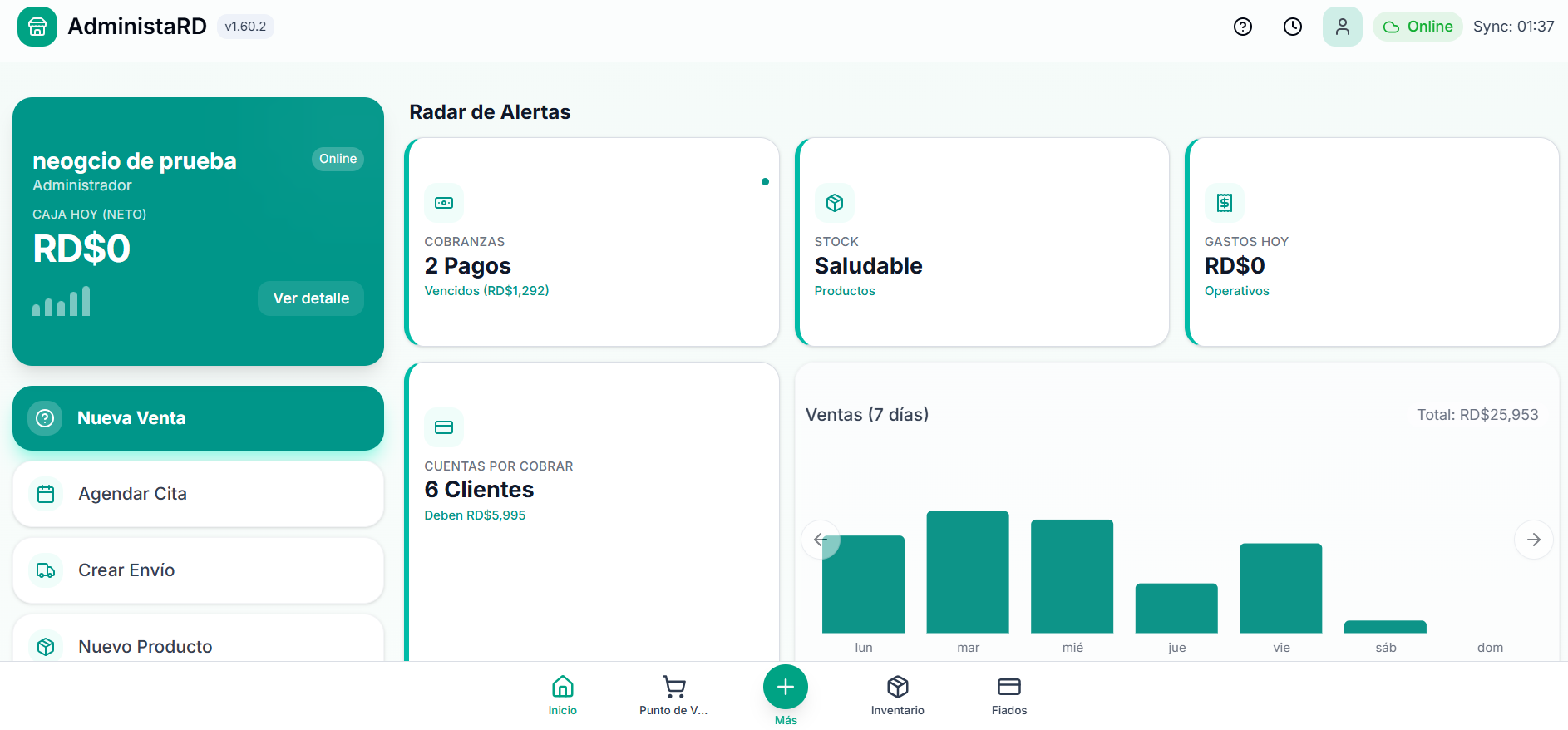 Dashboard principal de AdministraRD mostrando estadísticas de ventas y métricas clave